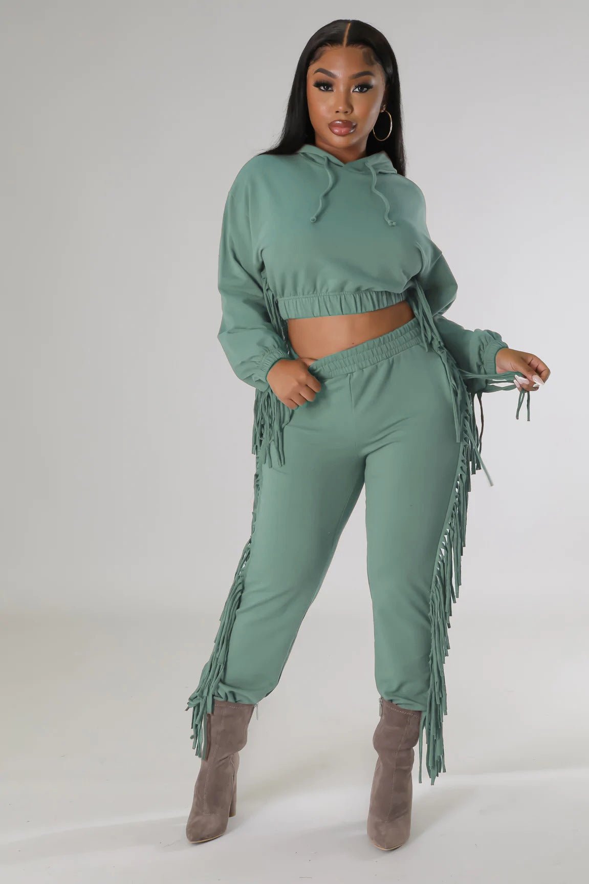 Cropped Long - Sleeve Hooded Two - Piece Set With Fringe Detail - TayDiane