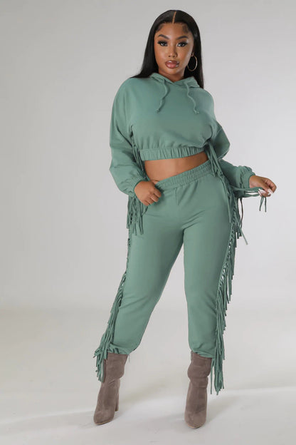 Cropped Long - Sleeve Hooded Two - Piece Set With Fringe Detail - TayDiane