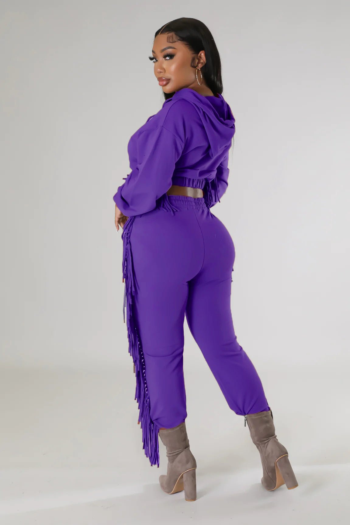 Cropped Long - Sleeve Hooded Two - Piece Set With Fringe Detail - TayDiane