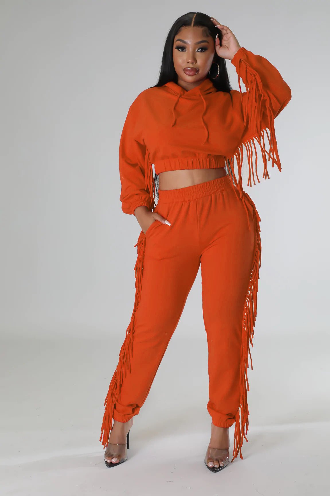Cropped Long - Sleeve Hooded Two - Piece Set With Fringe Detail - TayDiane