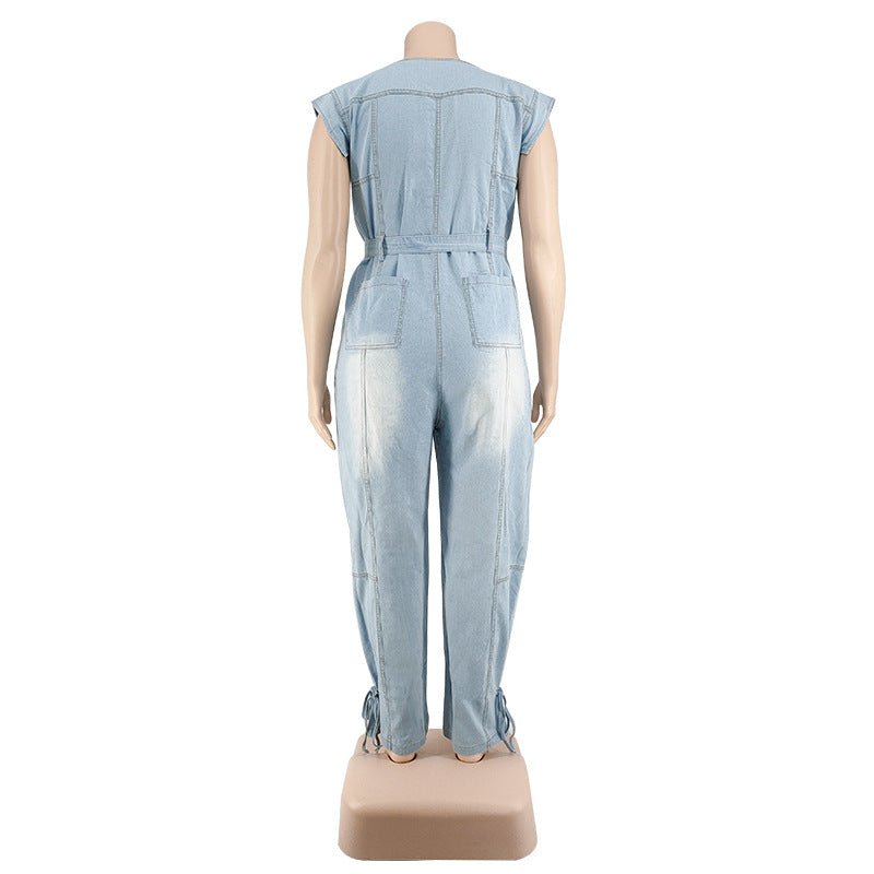 Curvy Autumn Denim Jumpsuit with a Belted Tie - TayDiane