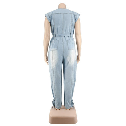 Curvy Autumn Denim Jumpsuit with a Belted Tie - TayDiane