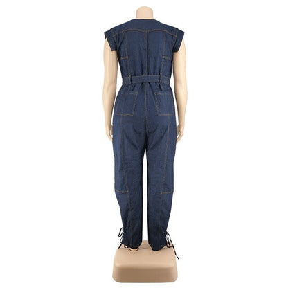 Curvy Autumn Denim Jumpsuit with a Belted Tie - TayDiane