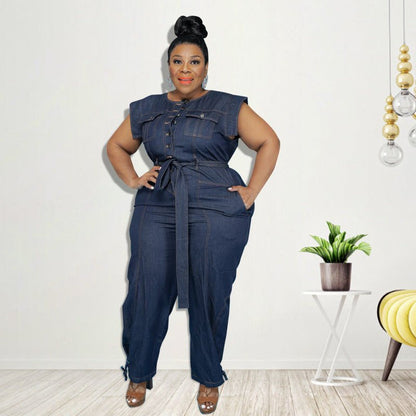 Curvy Autumn Denim Jumpsuit with a Belted Tie - TayDiane