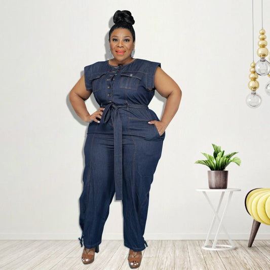 Curvy Autumn Denim Jumpsuit with a Belted Tie - TayDiane