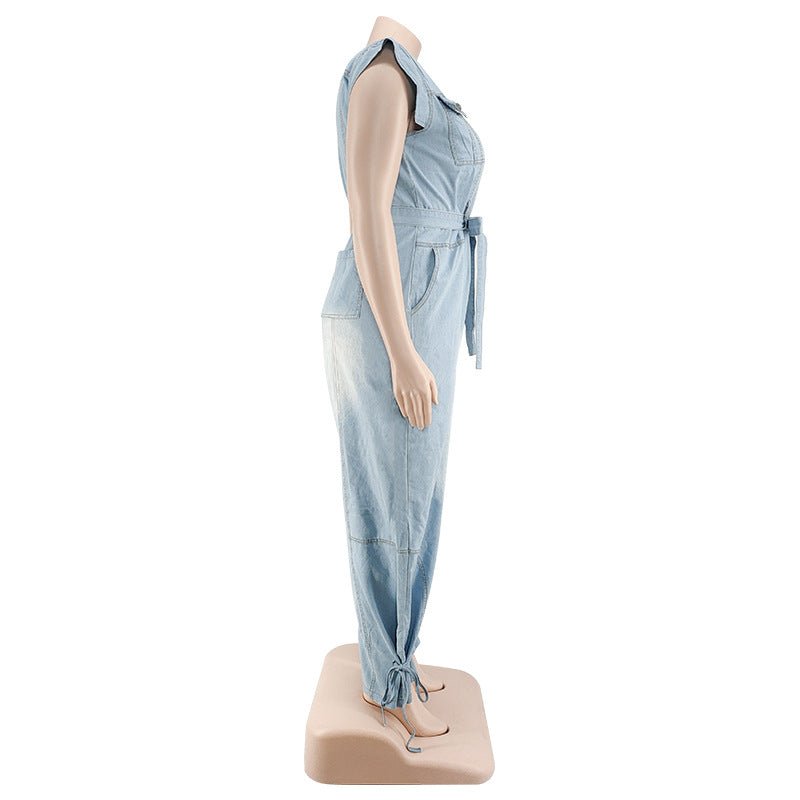 Curvy Autumn Denim Jumpsuit with a Belted Tie - TayDiane