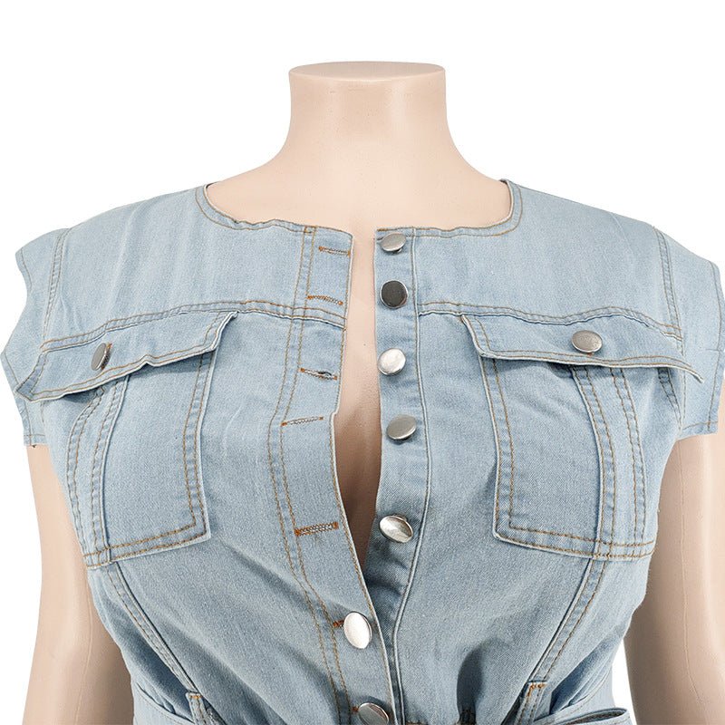 Curvy Autumn Denim Jumpsuit with a Belted Tie - TayDiane