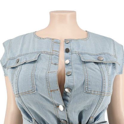 Curvy Autumn Denim Jumpsuit with a Belted Tie - TayDiane