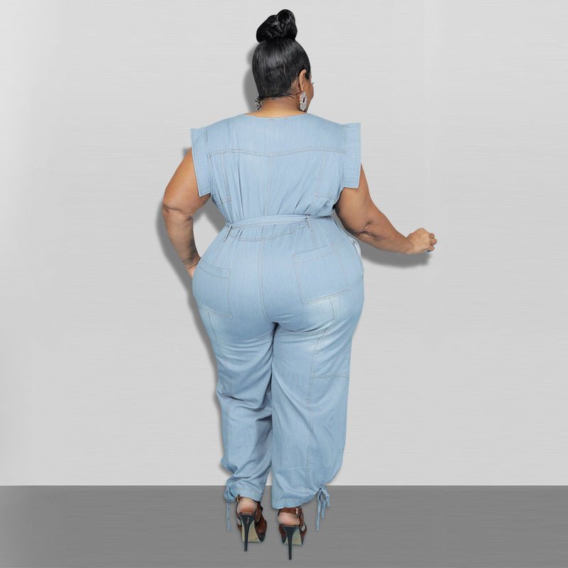 Curvy Autumn Denim Jumpsuit with a Belted Tie - TayDiane