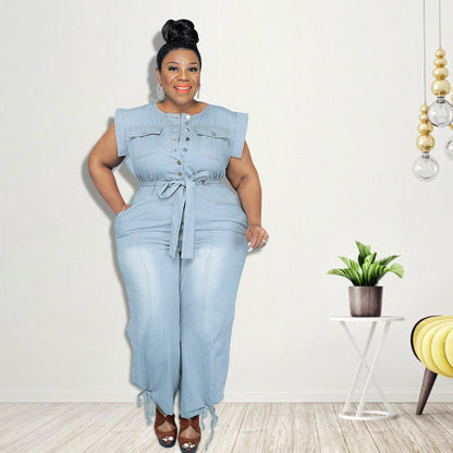 Curvy Autumn Denim Jumpsuit with a Belted Tie - TayDiane