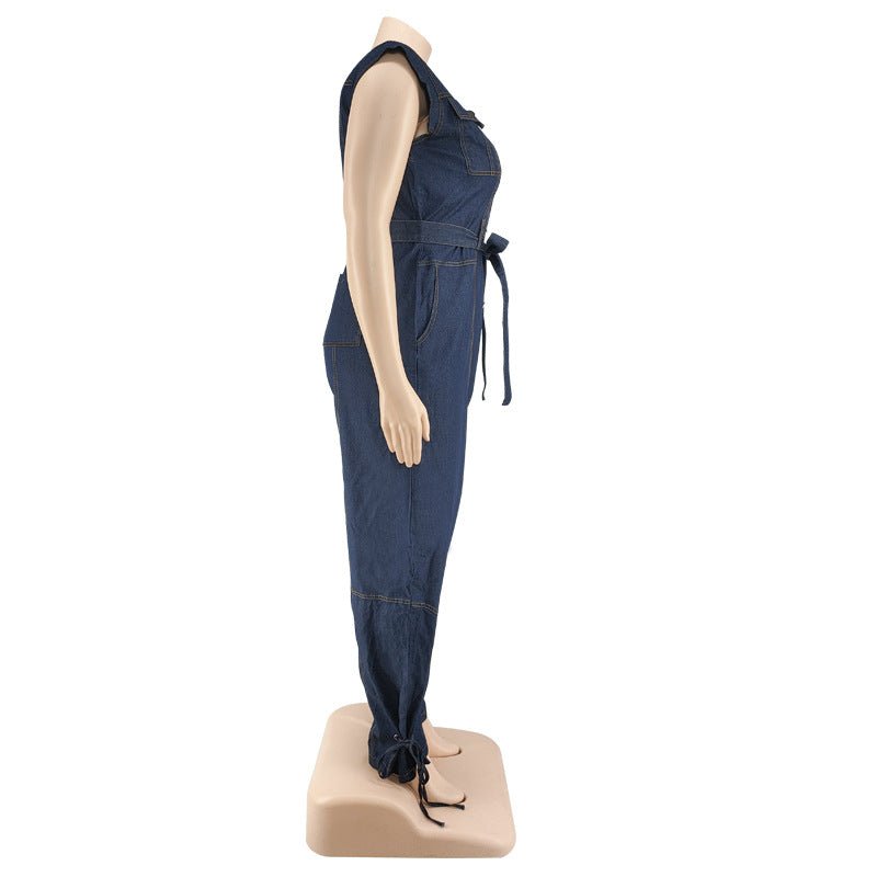 Curvy Autumn Denim Jumpsuit with a Belted Tie - TayDiane
