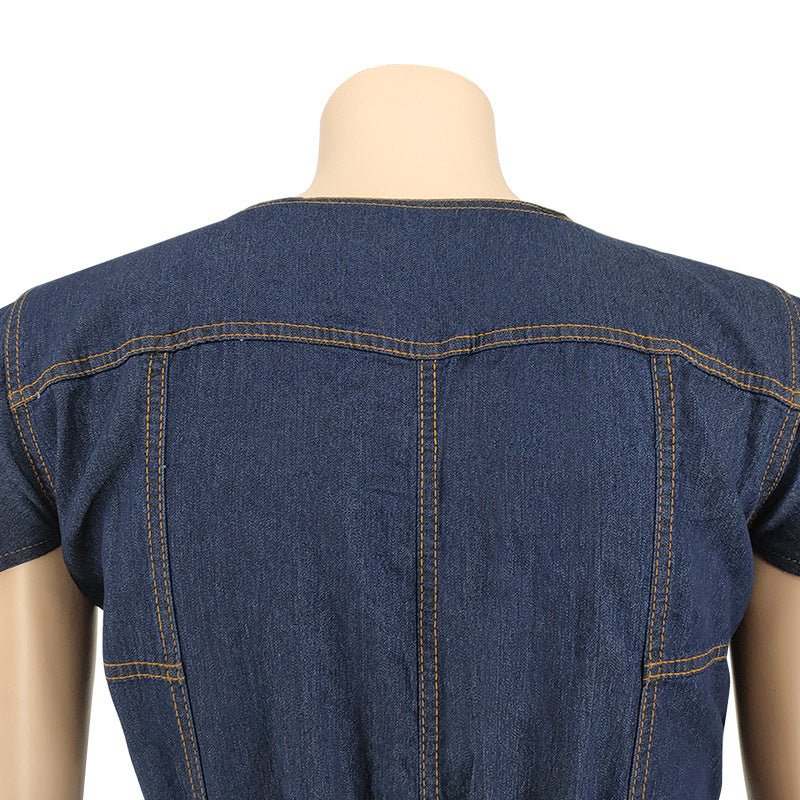 Curvy Autumn Denim Jumpsuit with a Belted Tie - TayDiane