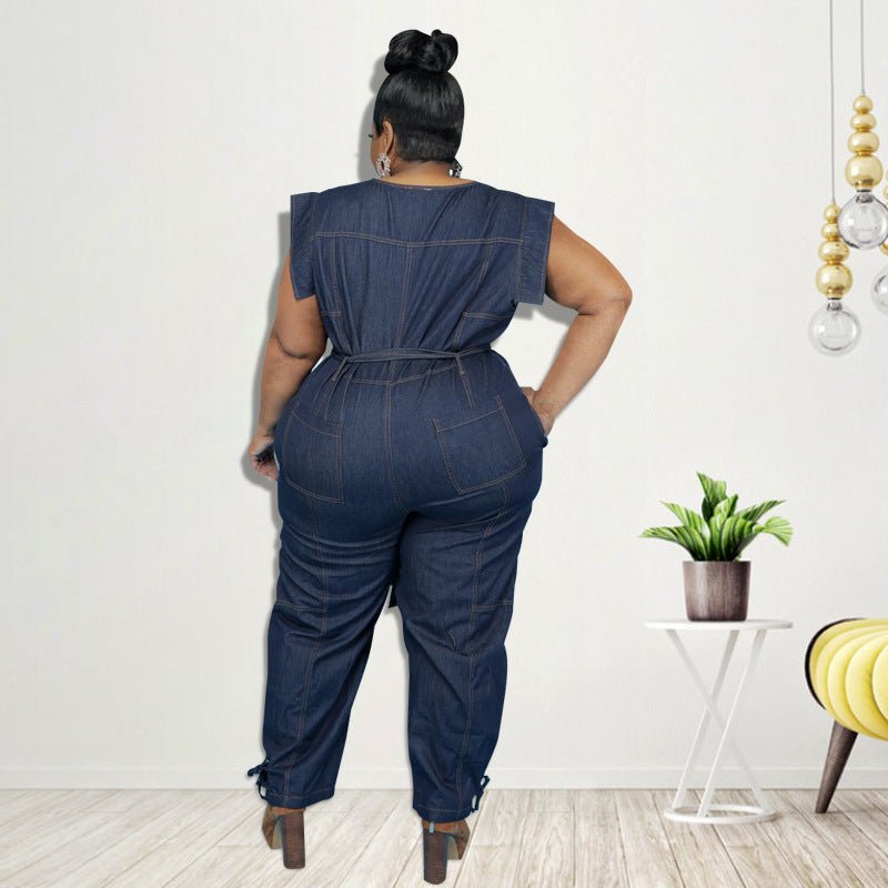 Curvy Autumn Denim Jumpsuit with a Belted Tie - TayDiane