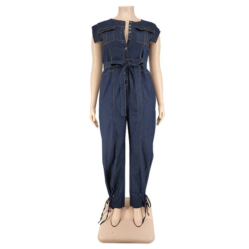 Curvy Autumn Denim Jumpsuit with a Belted Tie - TayDiane