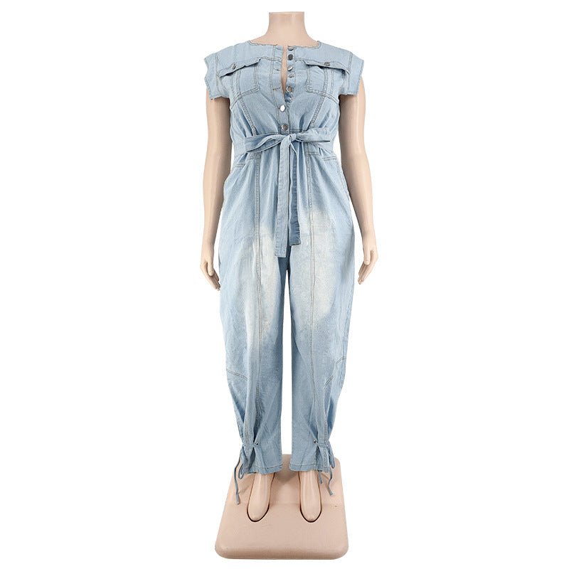 Curvy Autumn Denim Jumpsuit with a Belted Tie - TayDiane