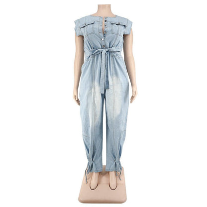 Curvy Autumn Denim Jumpsuit with a Belted Tie - TayDiane