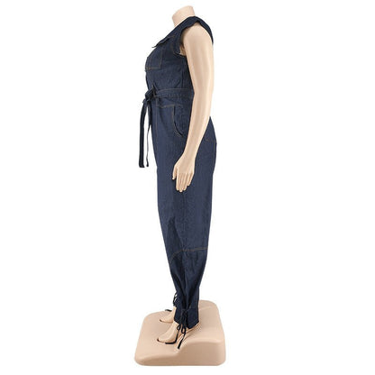 Curvy Autumn Denim Jumpsuit with a Belted Tie - TayDiane