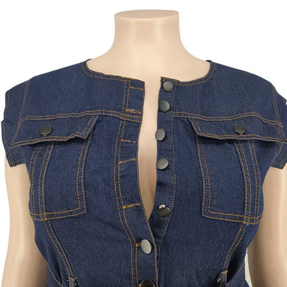Curvy Autumn Denim Jumpsuit with a Belted Tie - TayDiane