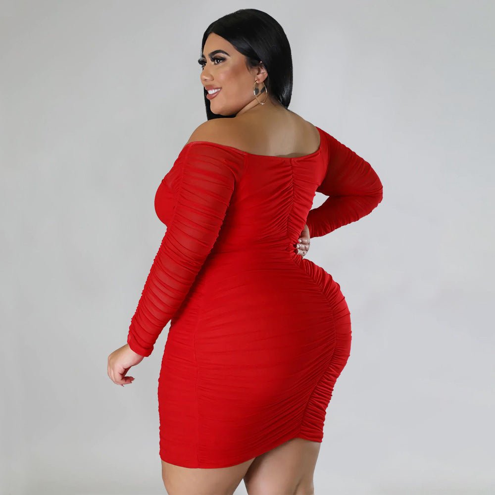 Curvy Off - Shoulder Ruched Mesh Sleeve Bodycon Dress - Taydiane