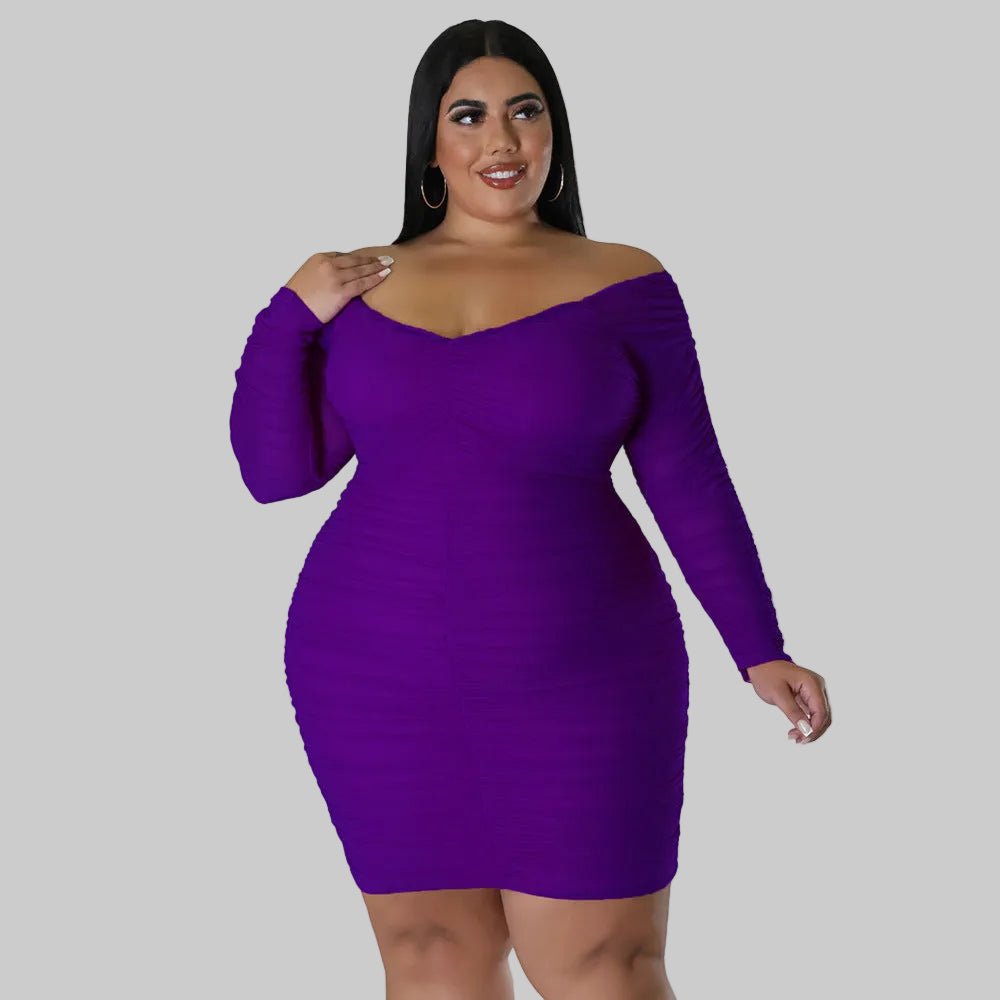 Curvy Off - Shoulder Ruched Mesh Sleeve Bodycon Dress - Taydiane