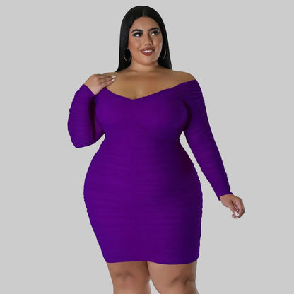 Curvy Off - Shoulder Ruched Mesh Sleeve Bodycon Dress - Taydiane