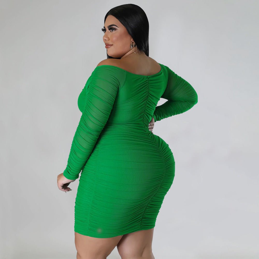 Curvy Off - Shoulder Ruched Mesh Sleeve Bodycon Dress - Taydiane