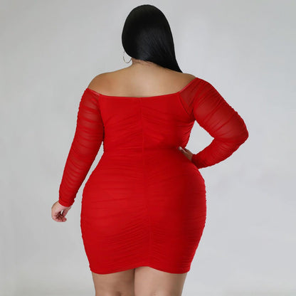 Curvy Off - Shoulder Ruched Mesh Sleeve Bodycon Dress - Taydiane