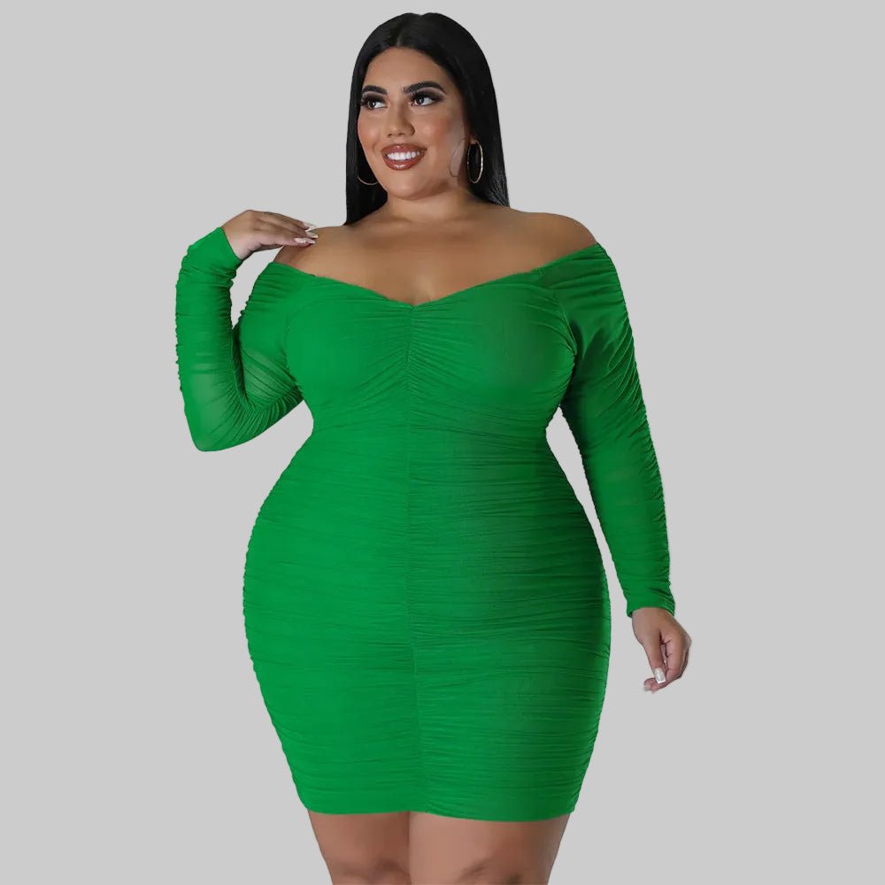 Curvy Off - Shoulder Ruched Mesh Sleeve Bodycon Dress - Taydiane