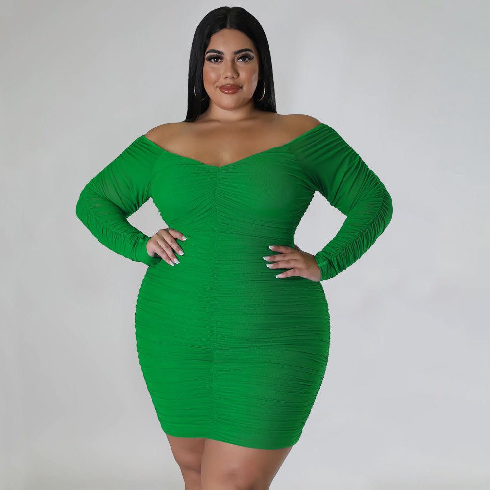Curvy Off - Shoulder Ruched Mesh Sleeve Bodycon Dress - Taydiane