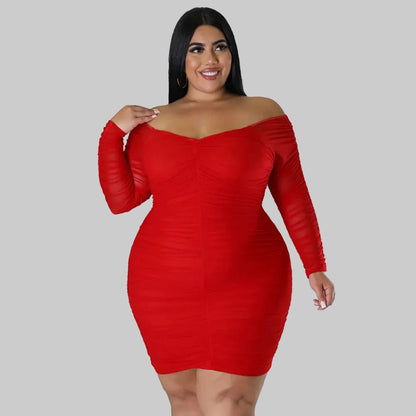 Curvy Off - Shoulder Ruched Mesh Sleeve Bodycon Dress - Taydiane