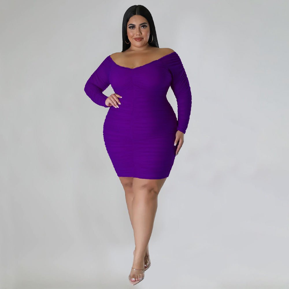 Curvy Off - Shoulder Ruched Mesh Sleeve Bodycon Dress - Taydiane