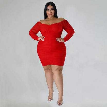 Curvy Off - Shoulder Ruched Mesh Sleeve Bodycon Dress - Taydiane