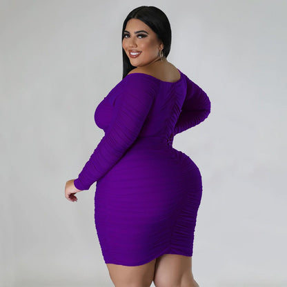 Curvy Off - Shoulder Ruched Mesh Sleeve Bodycon Dress - Taydiane