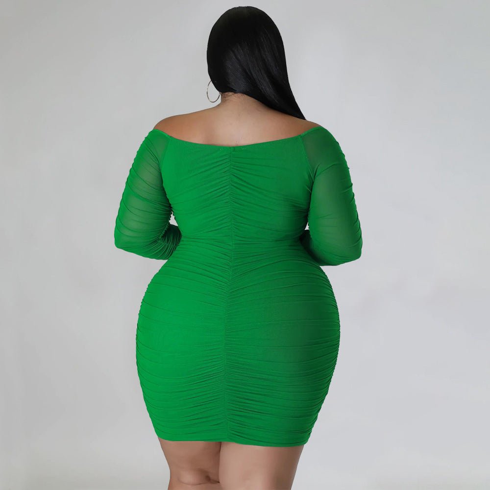 Curvy Off - Shoulder Ruched Mesh Sleeve Bodycon Dress - Taydiane