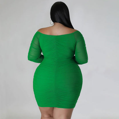 Curvy Off - Shoulder Ruched Mesh Sleeve Bodycon Dress - Taydiane