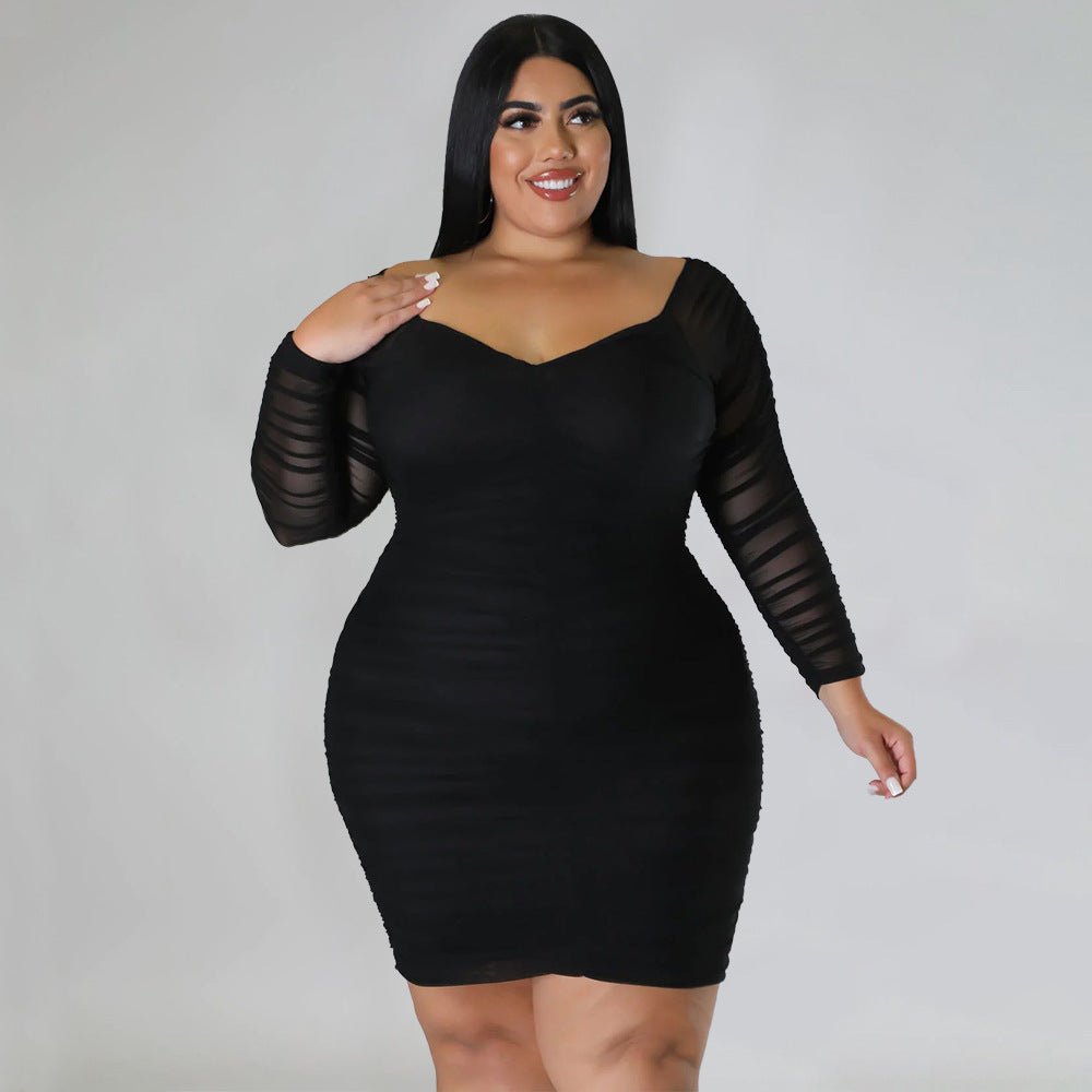 Curvy Off - Shoulder Ruched Mesh Sleeve Bodycon Dress - Taydiane