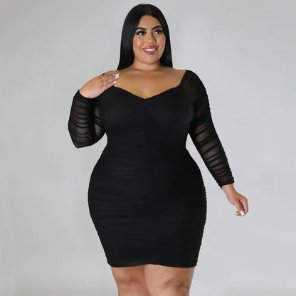 Curvy Off - Shoulder Ruched Mesh Sleeve Bodycon Dress - Taydiane