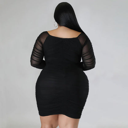 Curvy Off - Shoulder Ruched Mesh Sleeve Bodycon Dress - Taydiane