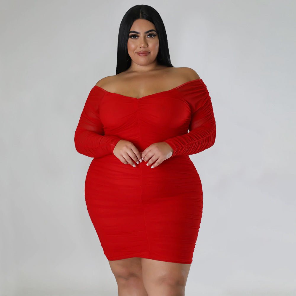 Curvy Off - Shoulder Ruched Mesh Sleeve Bodycon Dress - Taydiane