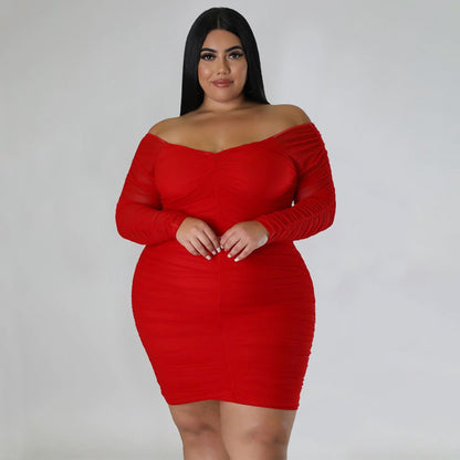 Curvy Off - Shoulder Ruched Mesh Sleeve Bodycon Dress - Taydiane