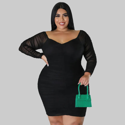 Curvy Off - Shoulder Ruched Mesh Sleeve Bodycon Dress - Taydiane