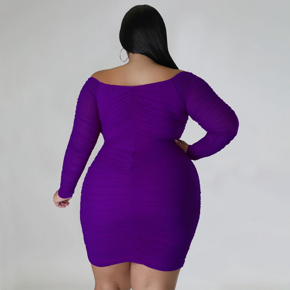 Curvy Off - Shoulder Ruched Mesh Sleeve Bodycon Dress - Taydiane