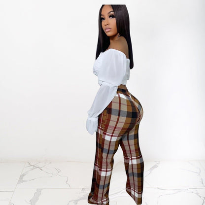 Curvy Plaid And Checkered Flare Leg Pants - TayDiane