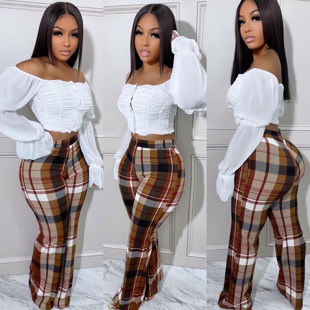 Curvy Plaid And Checkered Flare Leg Pants - TayDiane