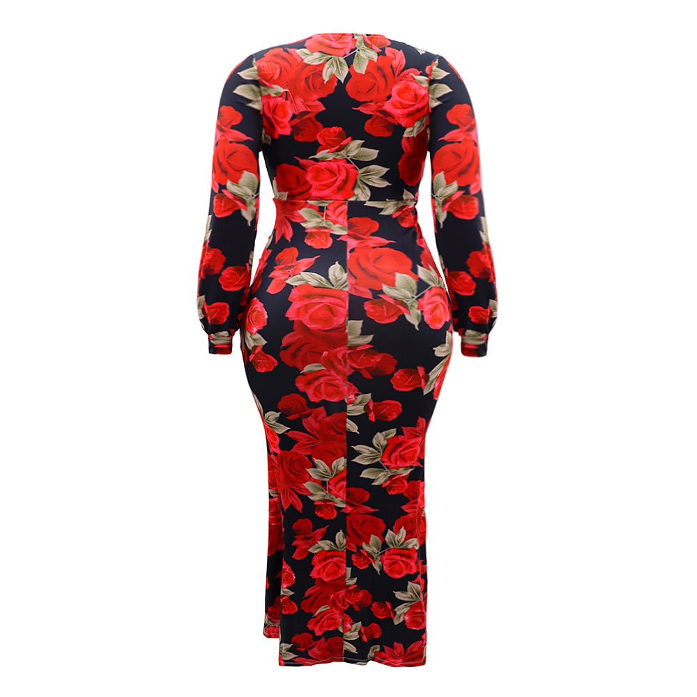 Curvy V - Neck Bodycon Split Floral Print Maxi Dress - TayDiane