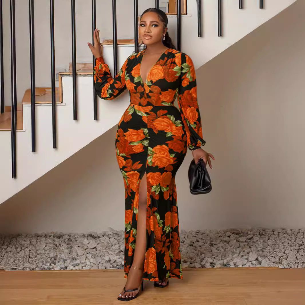 Curvy V - Neck Bodycon Split Floral Print Maxi Dress - TayDiane