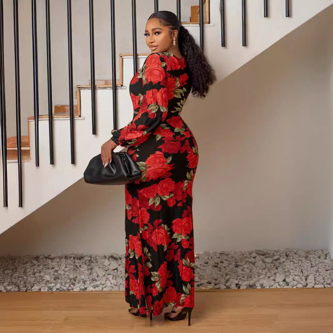 Curvy V - Neck Bodycon Split Floral Print Maxi Dress - TayDiane