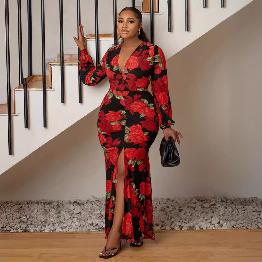 Curvy V - Neck Bodycon Split Floral Print Maxi Dress - TayDiane