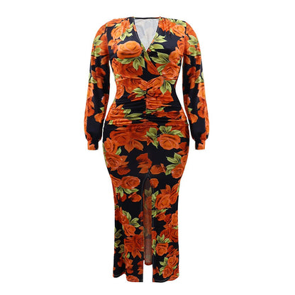 Curvy V - Neck Bodycon Split Floral Print Maxi Dress - TayDiane