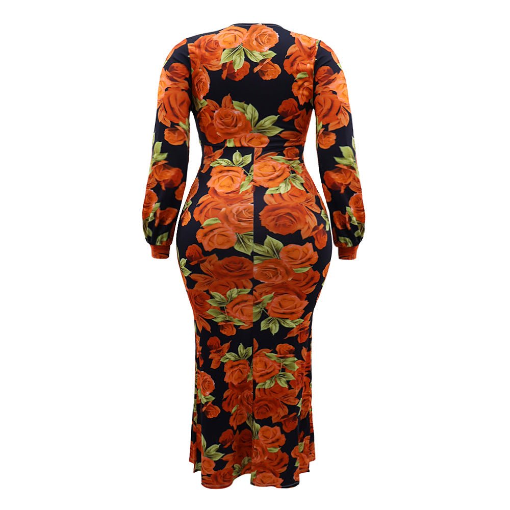 Curvy V - Neck Bodycon Split Floral Print Maxi Dress - TayDiane